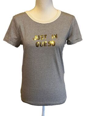 NWT Bow & Drape Women's S Small Just in Queso Graphic T-Shirt Black Striped